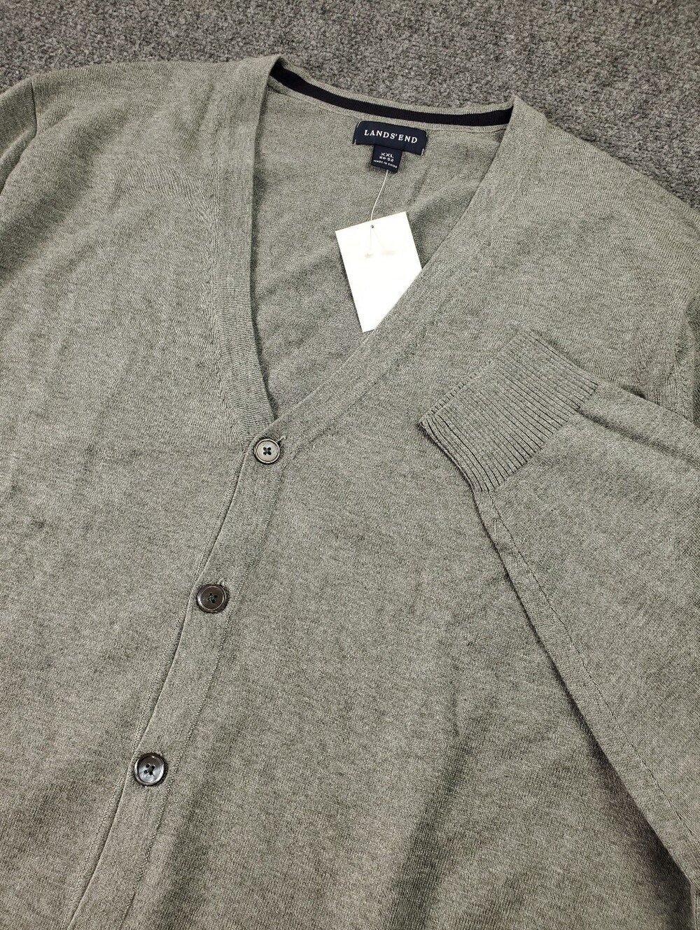 Lands End Cardigan Sweater Mens 2XL Button Up V Neck Preppy Grandpa Gray Cotton